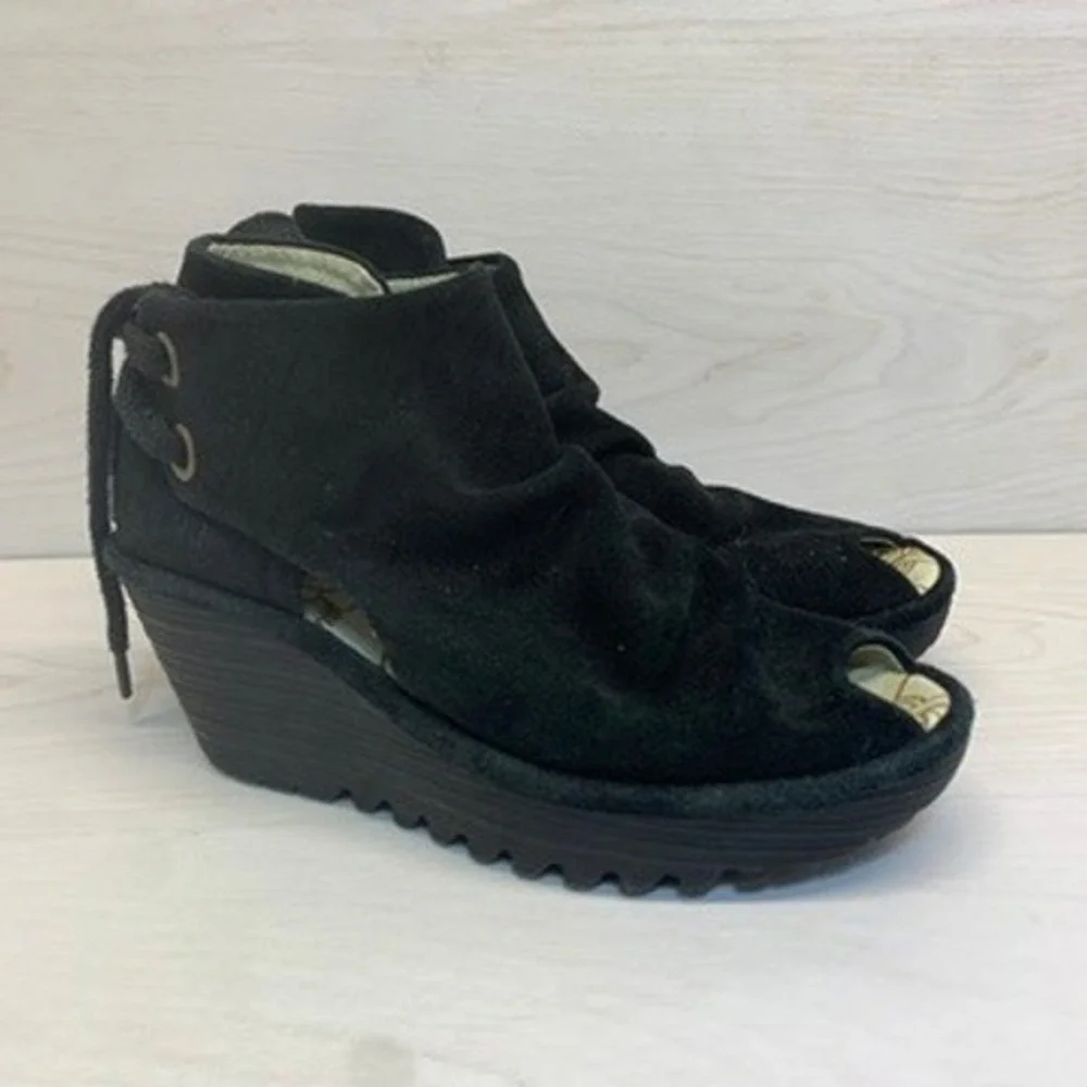 Fly London Womens 36 Yala Wedge Sandals Peep Toe Black Suede Lace Up Bootie
